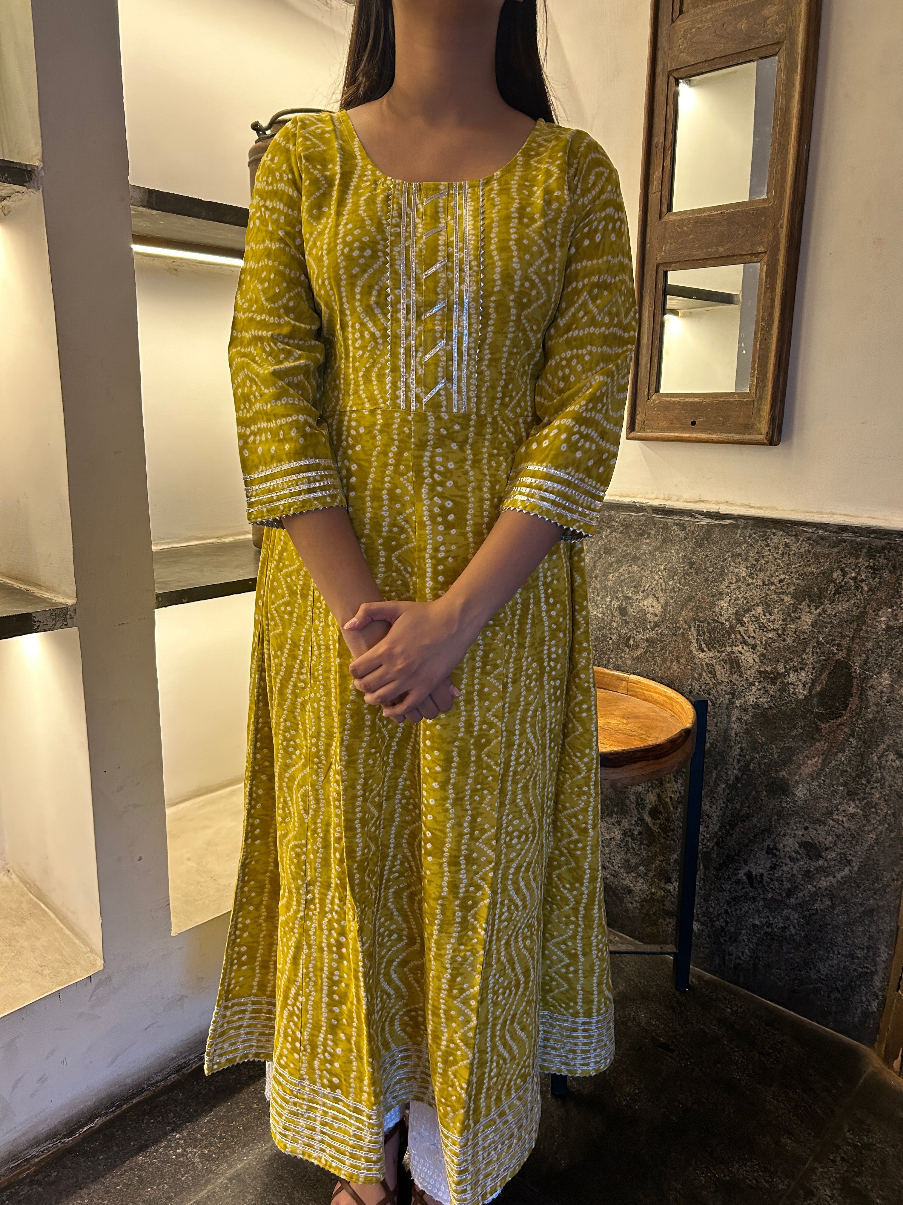 Yellow Bandhej Meher Anarkali Kurti