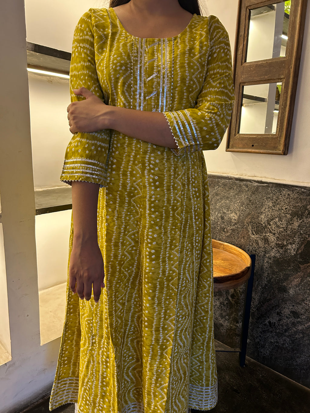 Yellow Bandhej Meher Anarkali Kurti