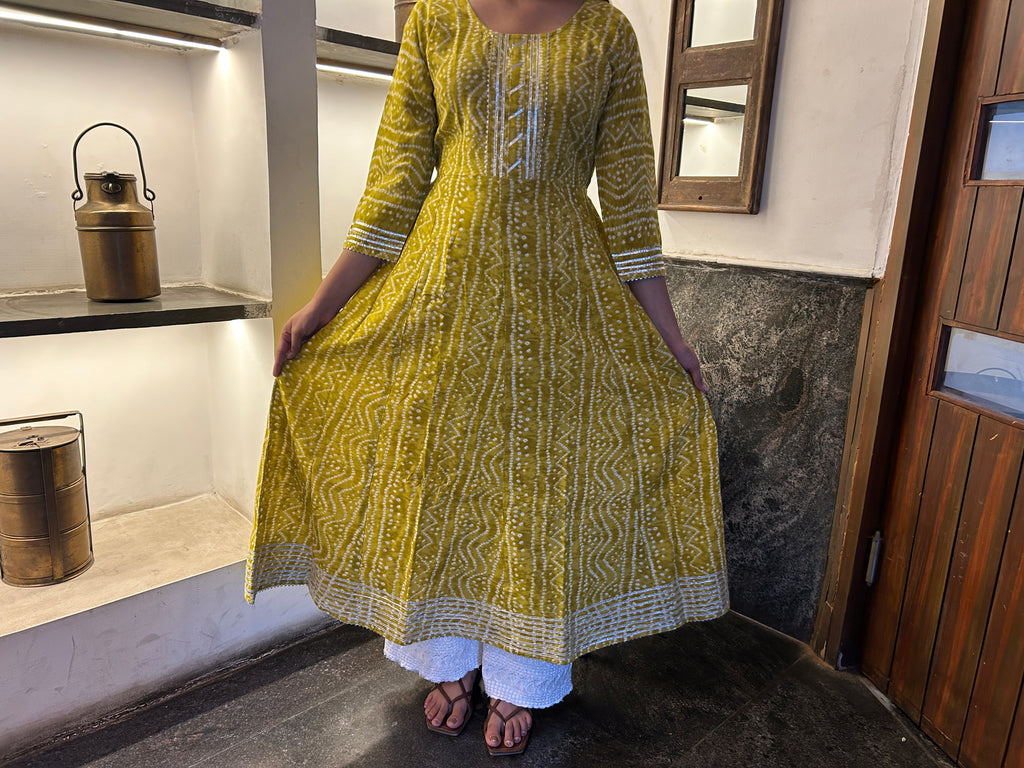 Yellow Bandhej Meher Anarkali Kurti