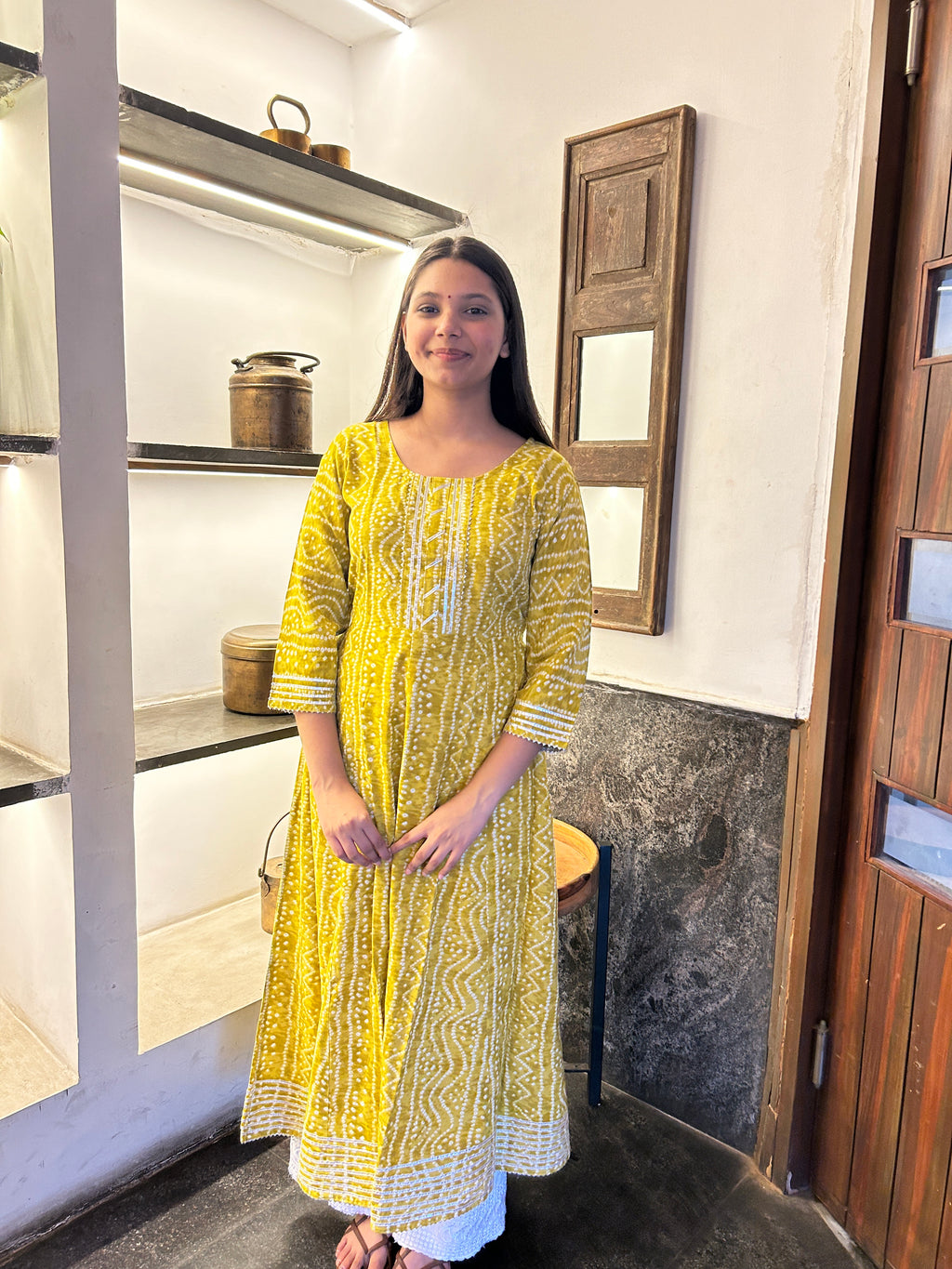 Yellow Bandhej Meher Anarkali Kurti