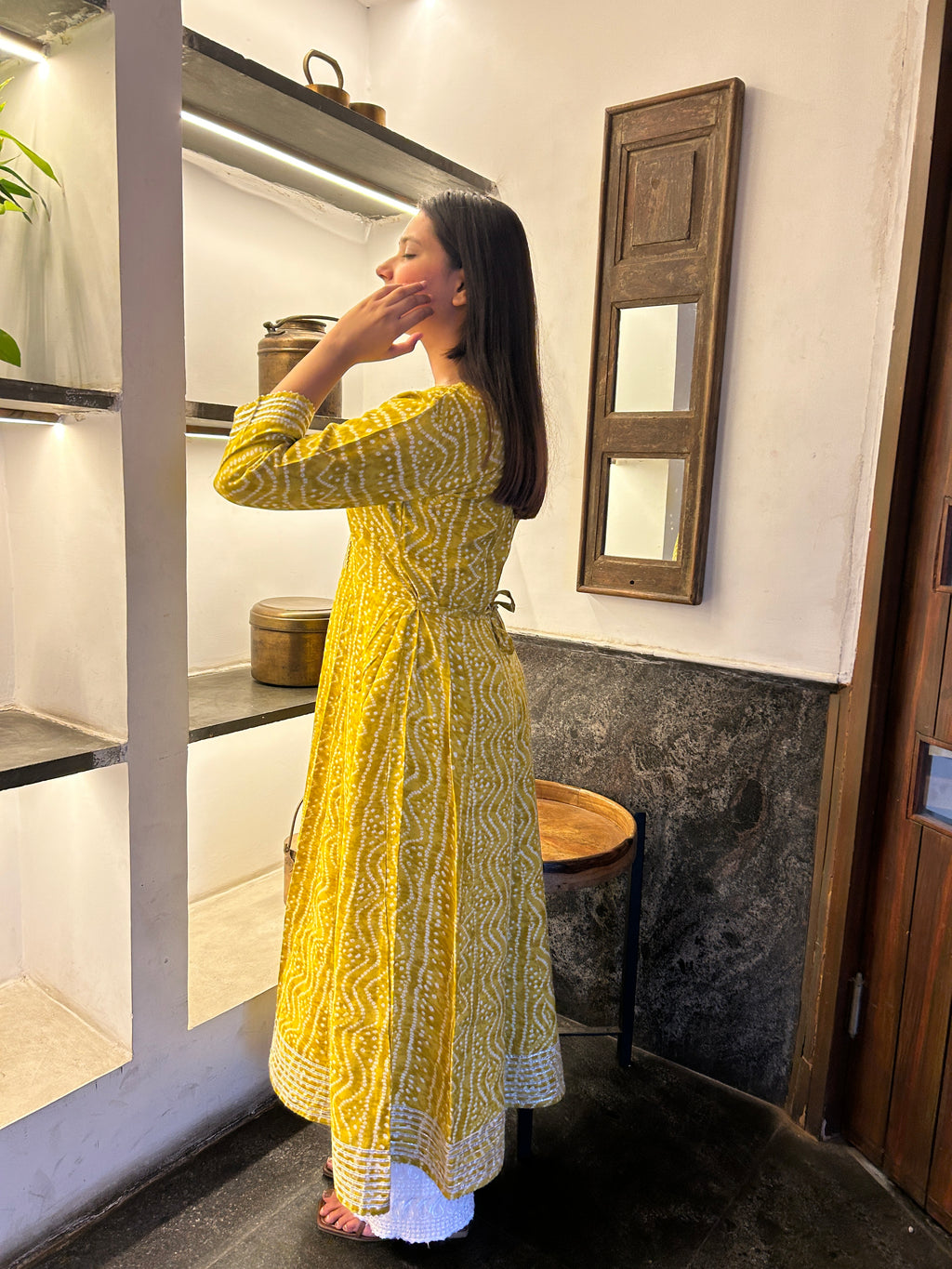 Yellow Bandhej Meher Anarkali Kurti