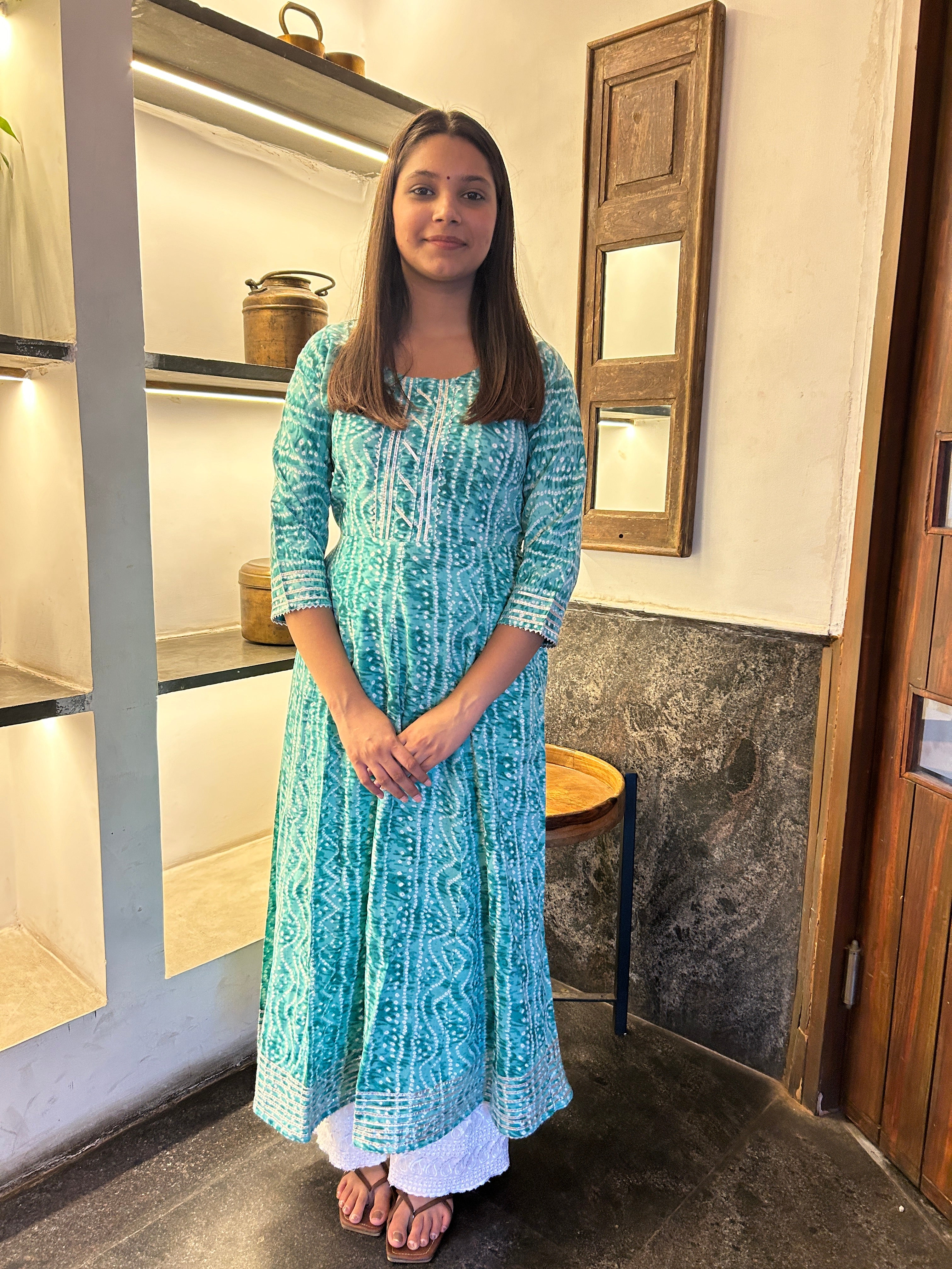 Light Green Bandhej Meher Anarkali Kurti