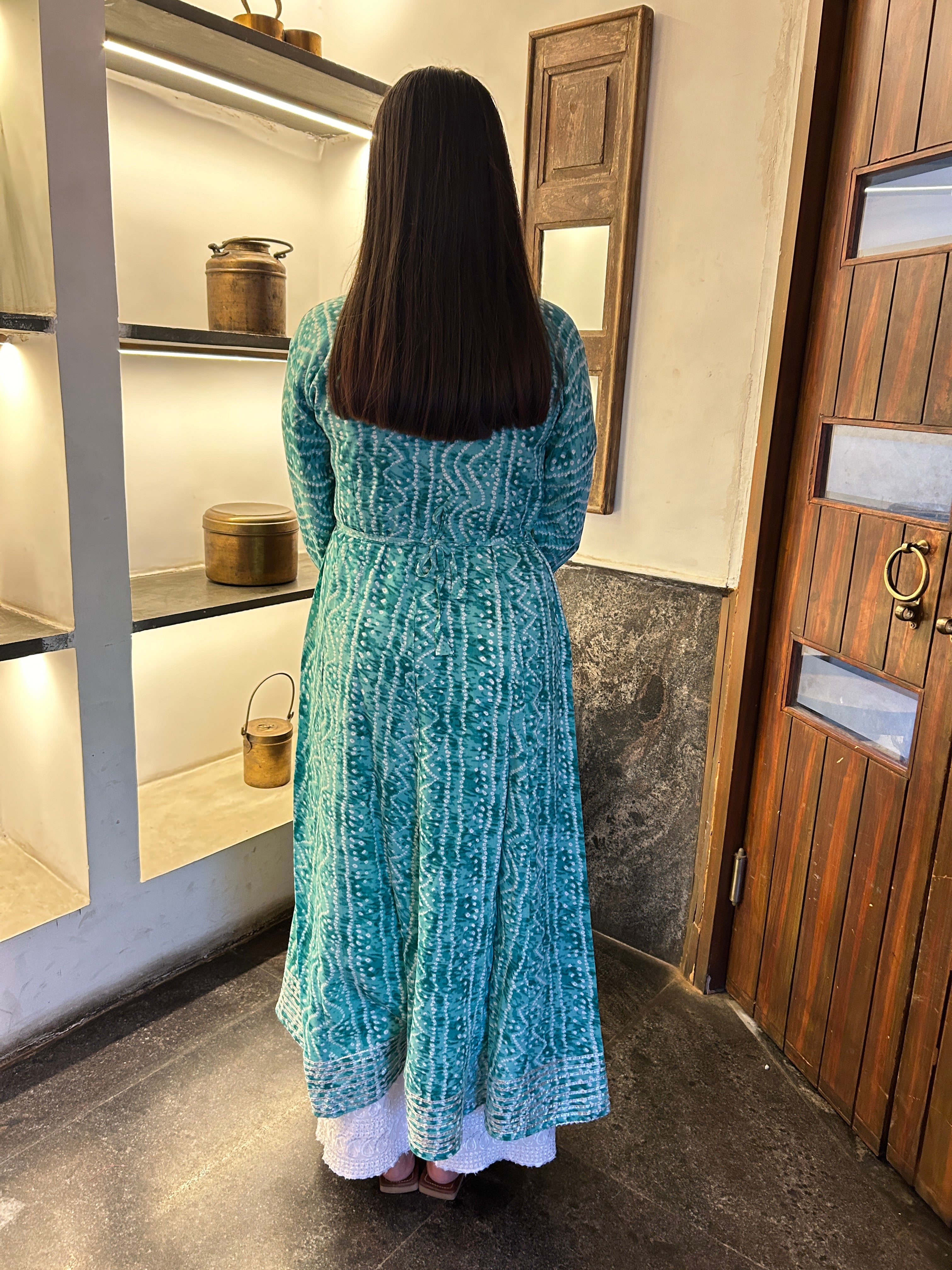 Light Green Bandhej Meher Anarkali Kurti