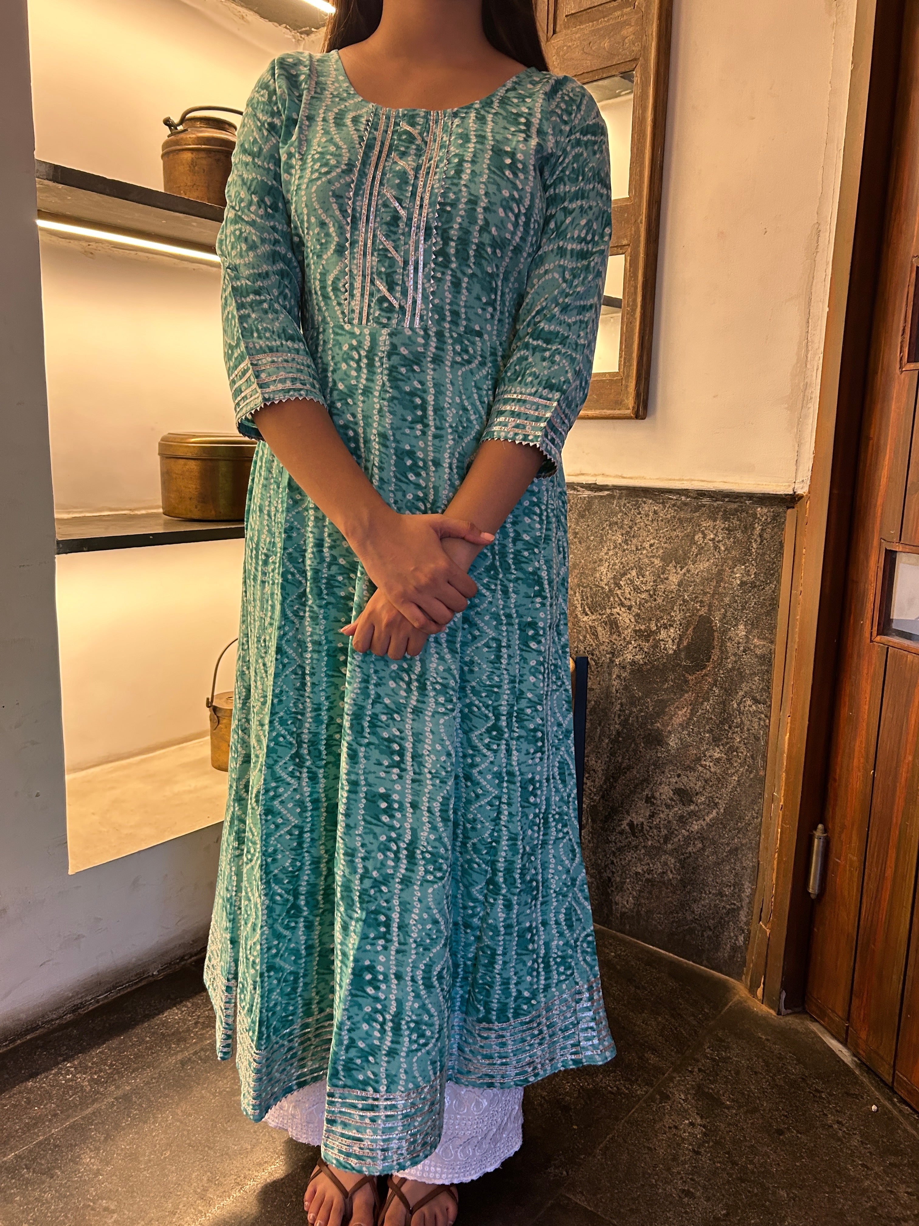 Light Green Bandhej Meher Anarkali Kurti
