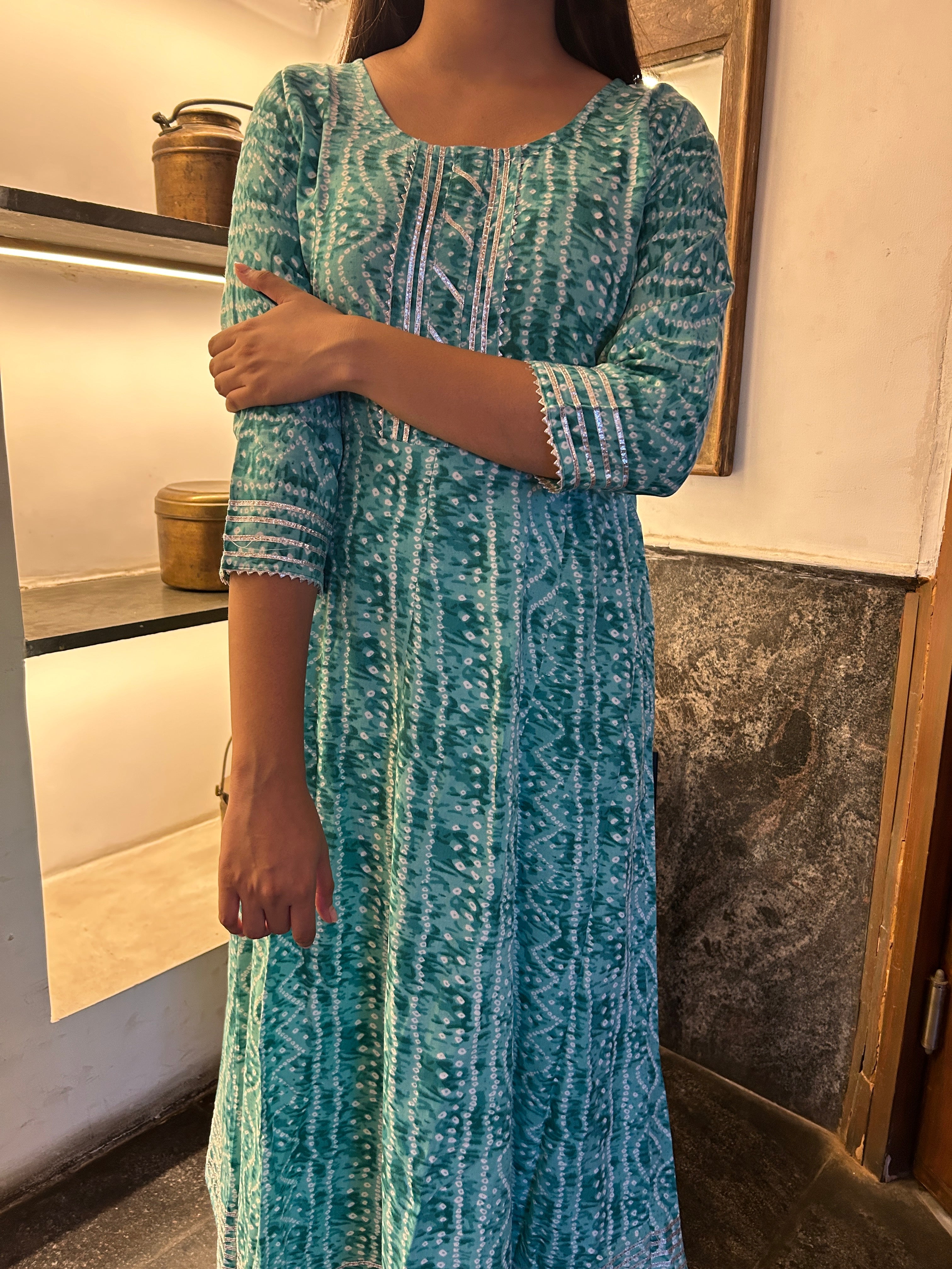 Light Green Bandhej Meher Anarkali Kurti