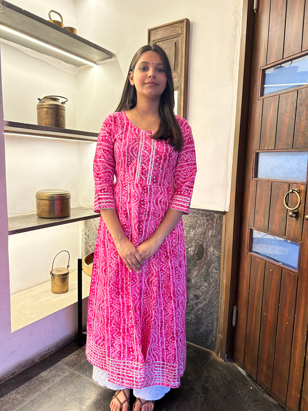 Light Pink Bandhej Meher Anarkali Kurti