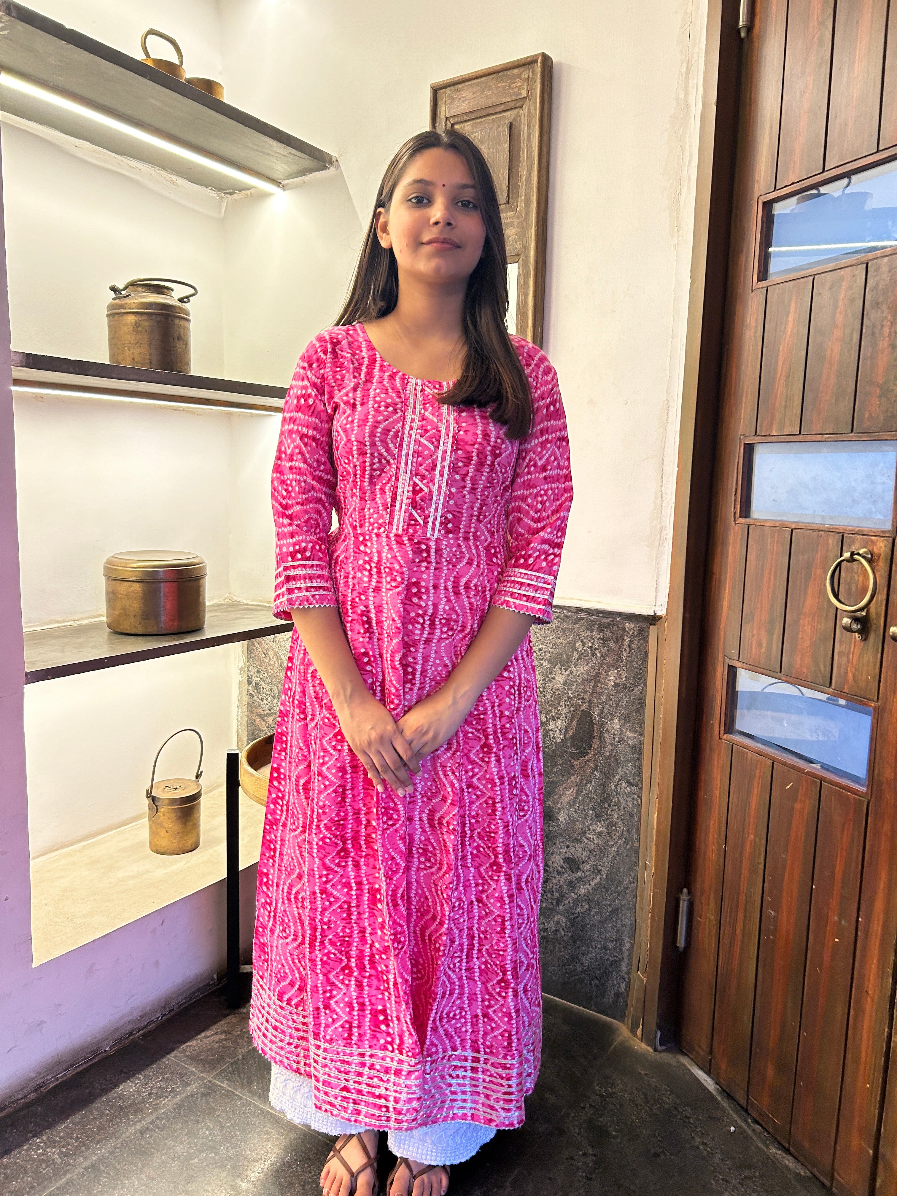 Light Pink Bandhej Meher Anarkali Kurti