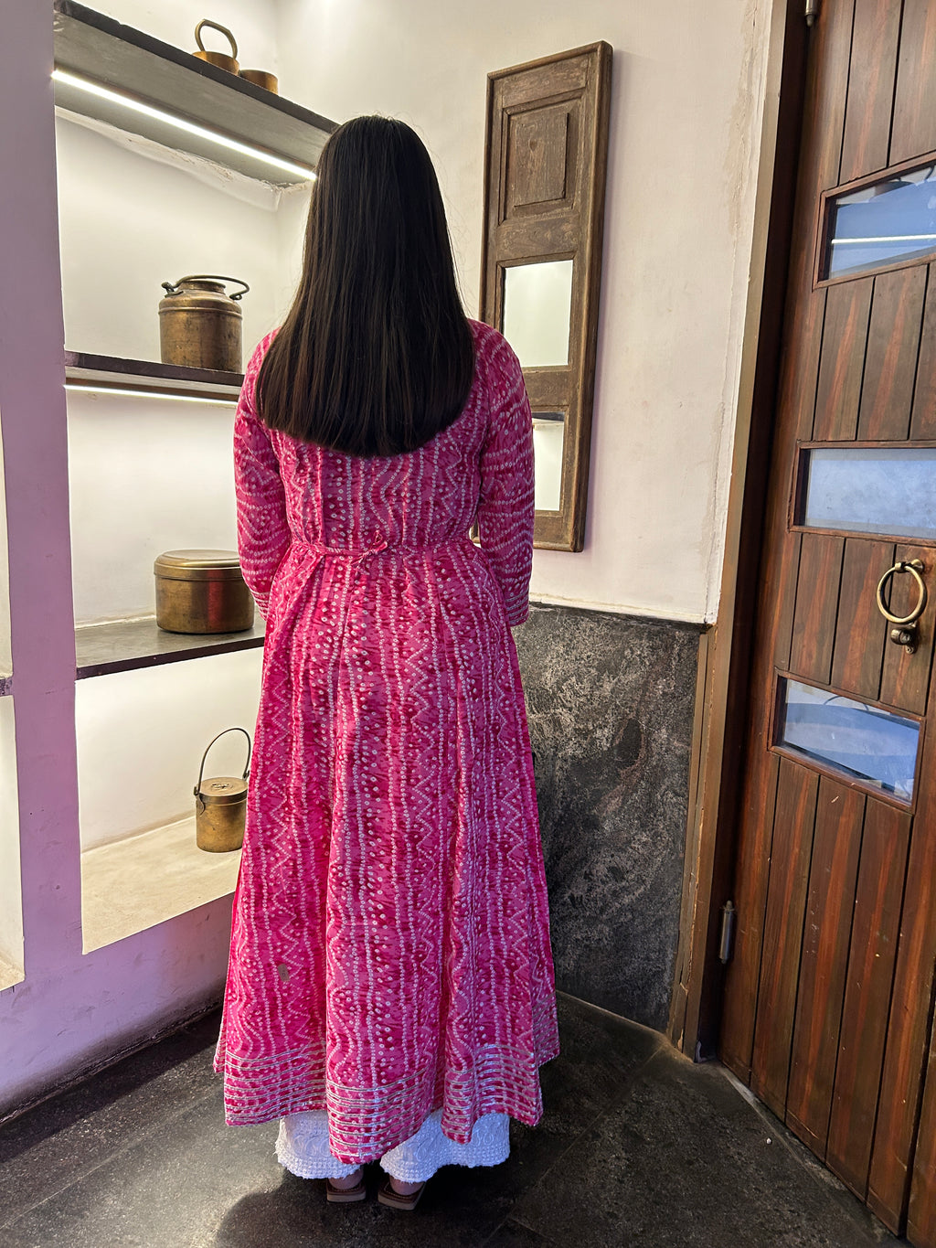 Light Pink Bandhej Meher Anarkali Kurti