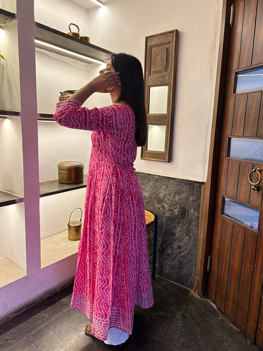 Light Pink Bandhej Meher Anarkali Kurti