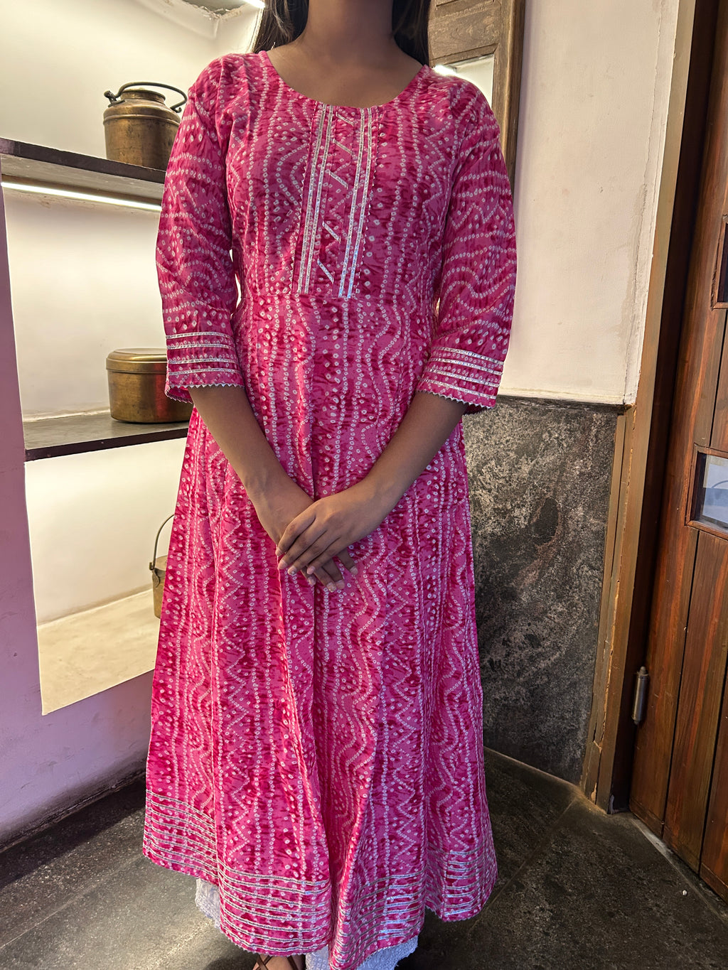 Light Pink Bandhej Meher Anarkali Kurti