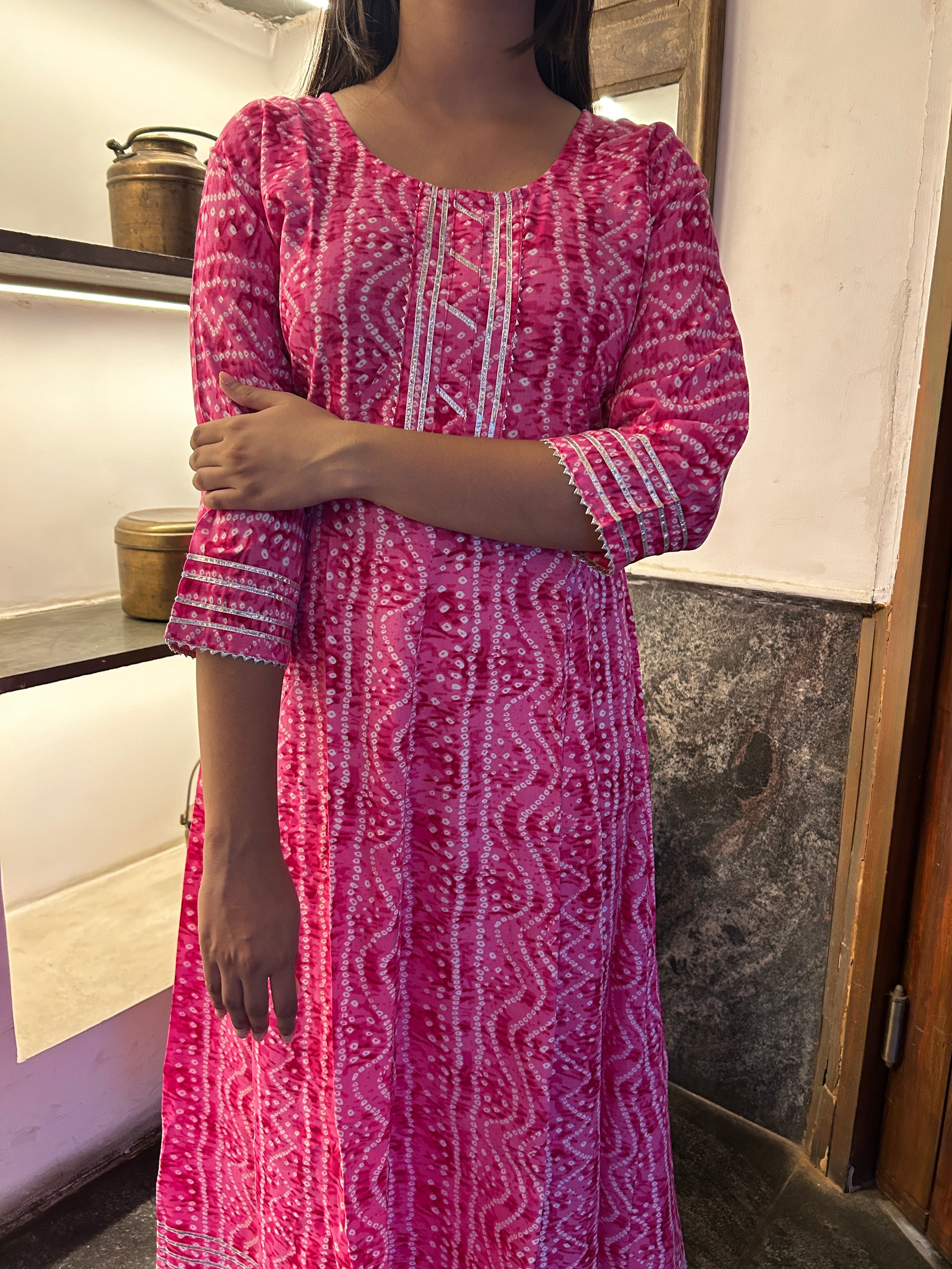 Light Pink Bandhej Meher Anarkali Kurti