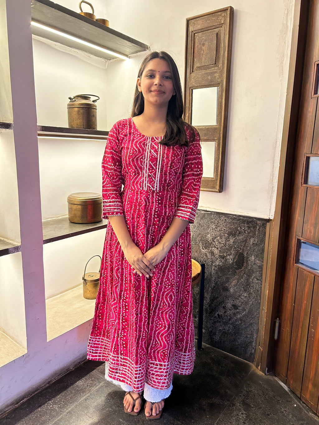 Rani Pink Bandhej Meher Anarkali Kurti