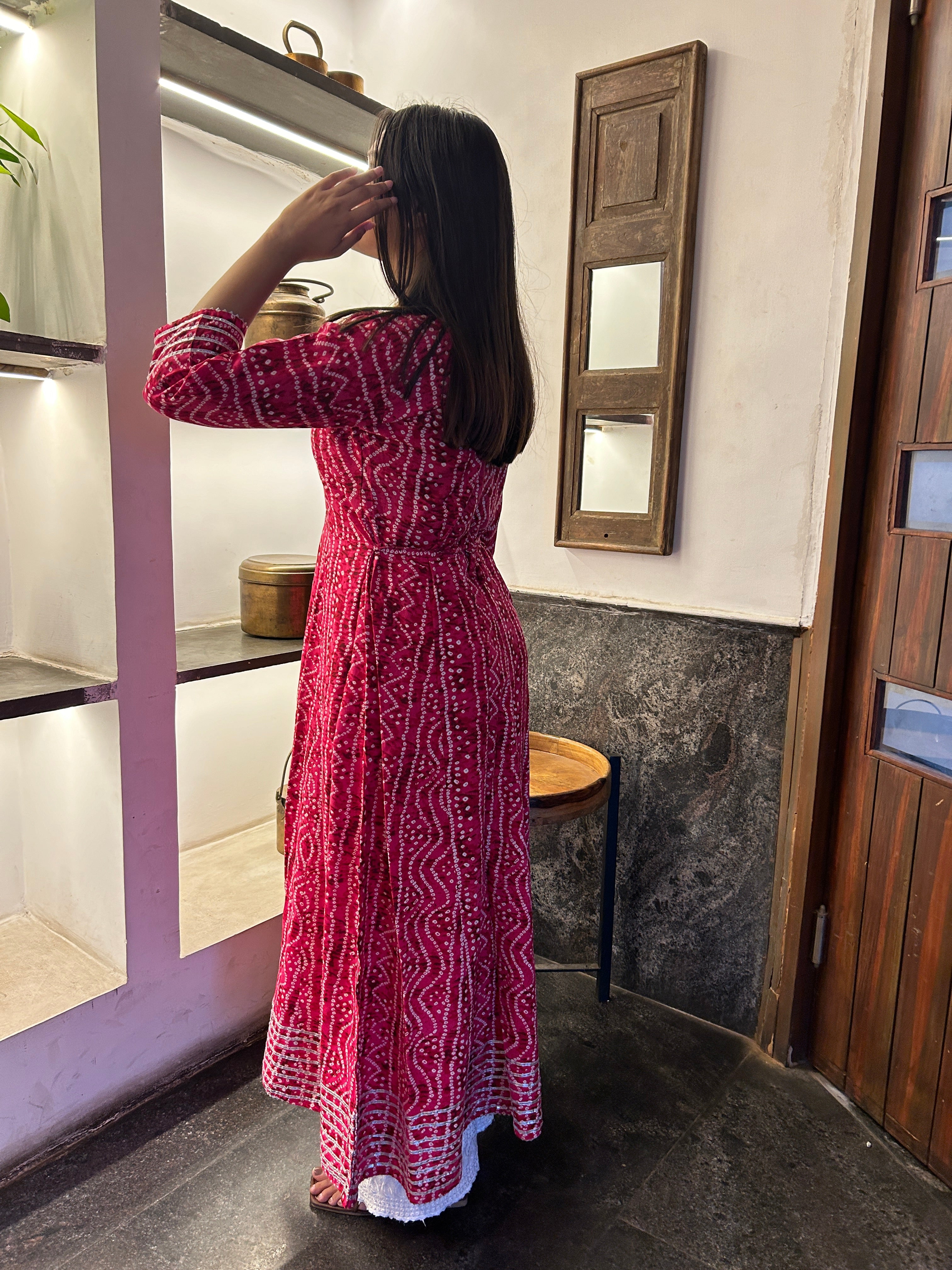 Rani Pink Bandhej Meher Anarkali Kurti