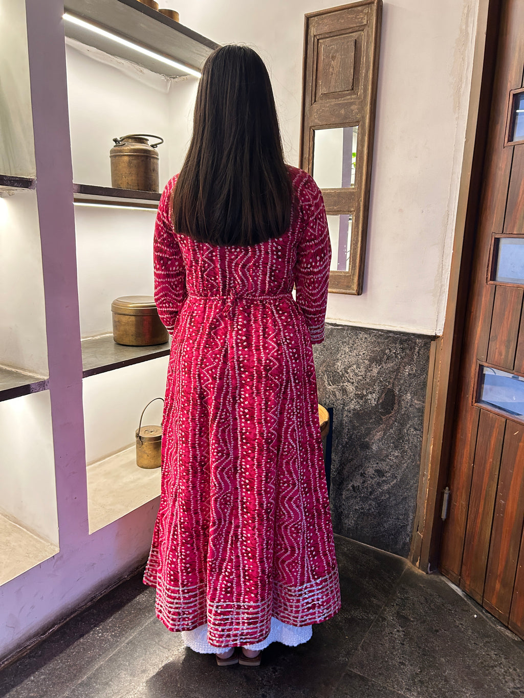 Rani Pink Bandhej Meher Anarkali Kurti
