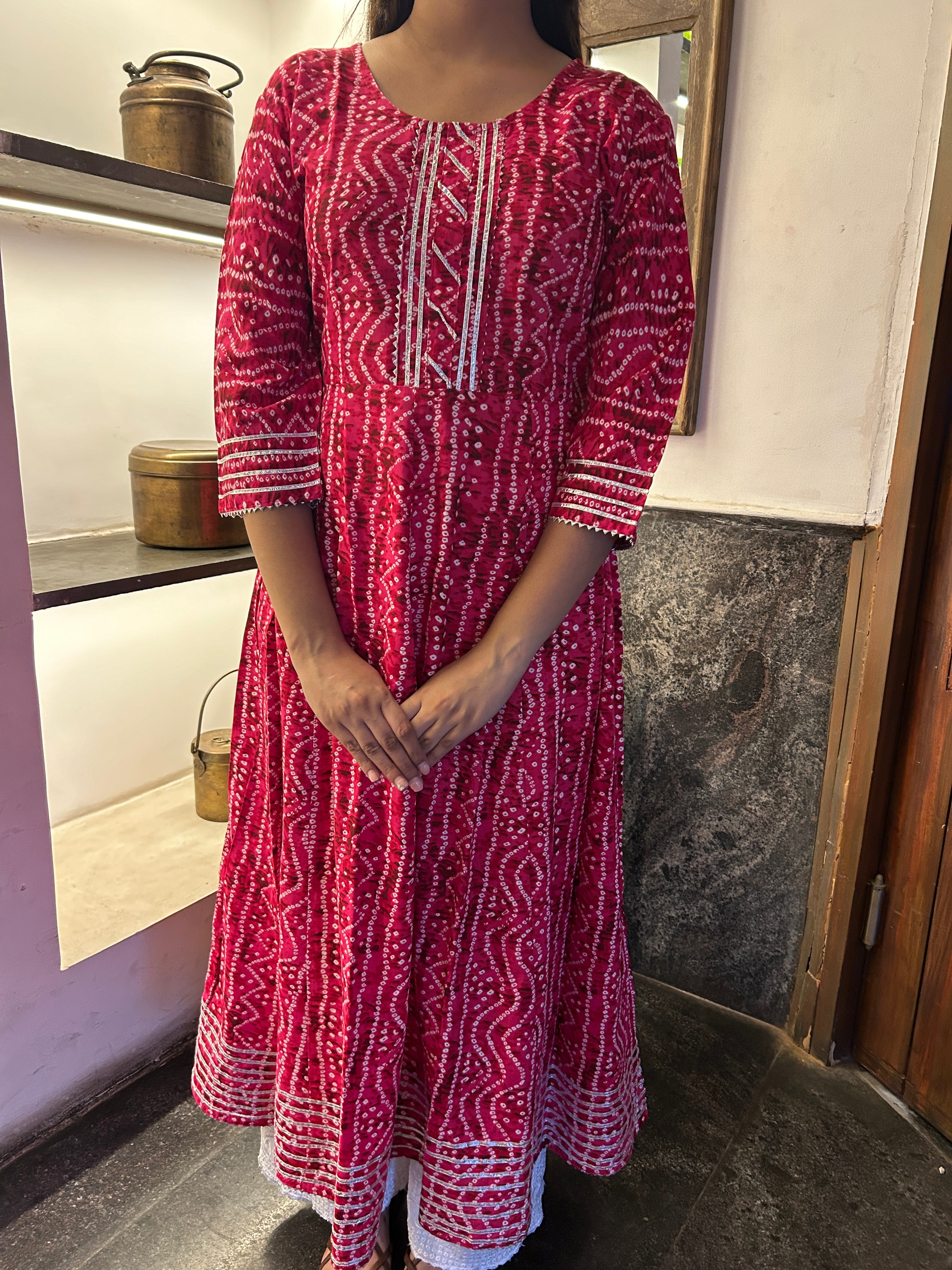 Rani Pink Bandhej Meher Anarkali Kurti