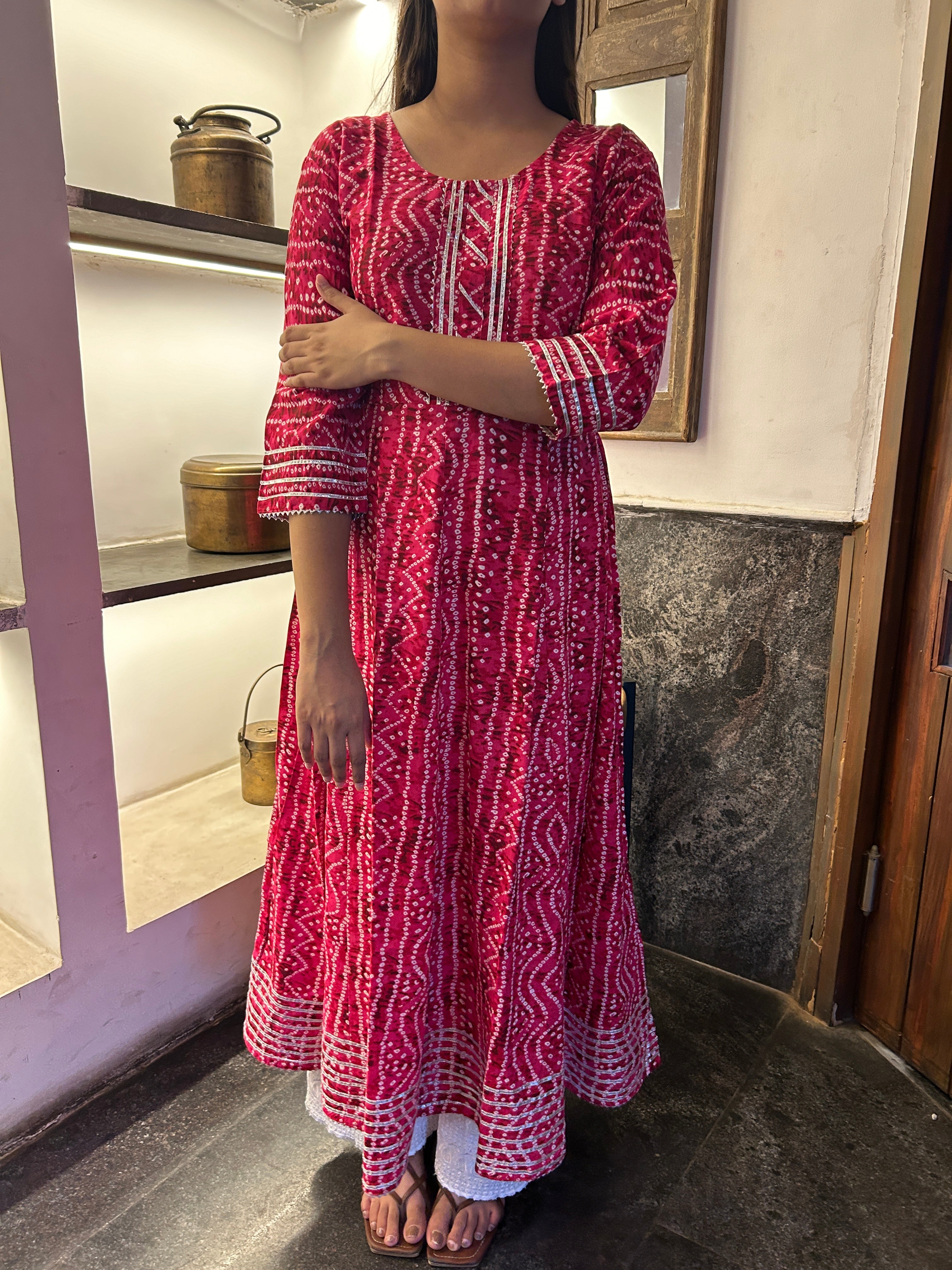 Rani Pink Bandhej Meher Anarkali Kurti