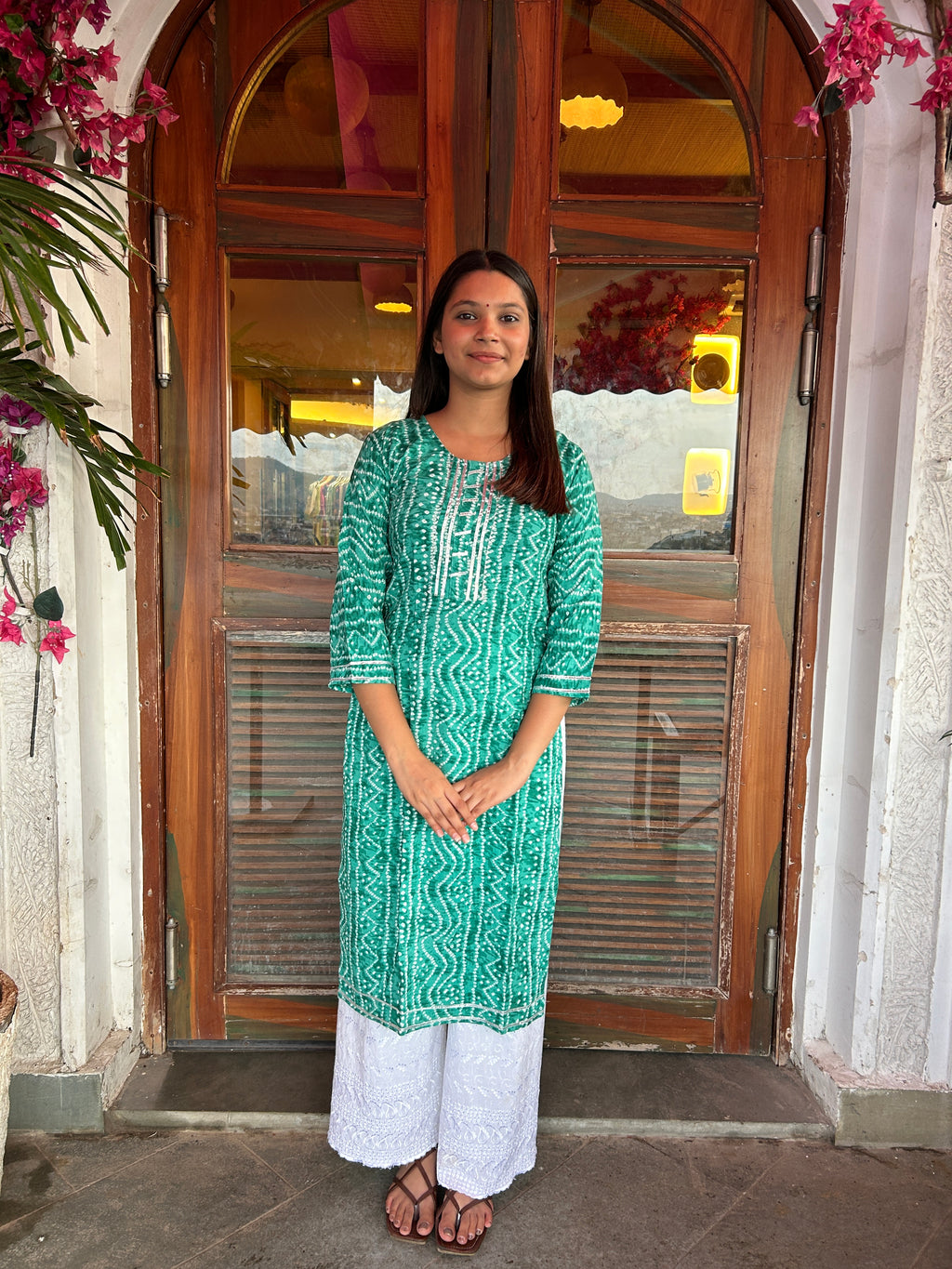 Light Green Bandhej Aaina Kurti