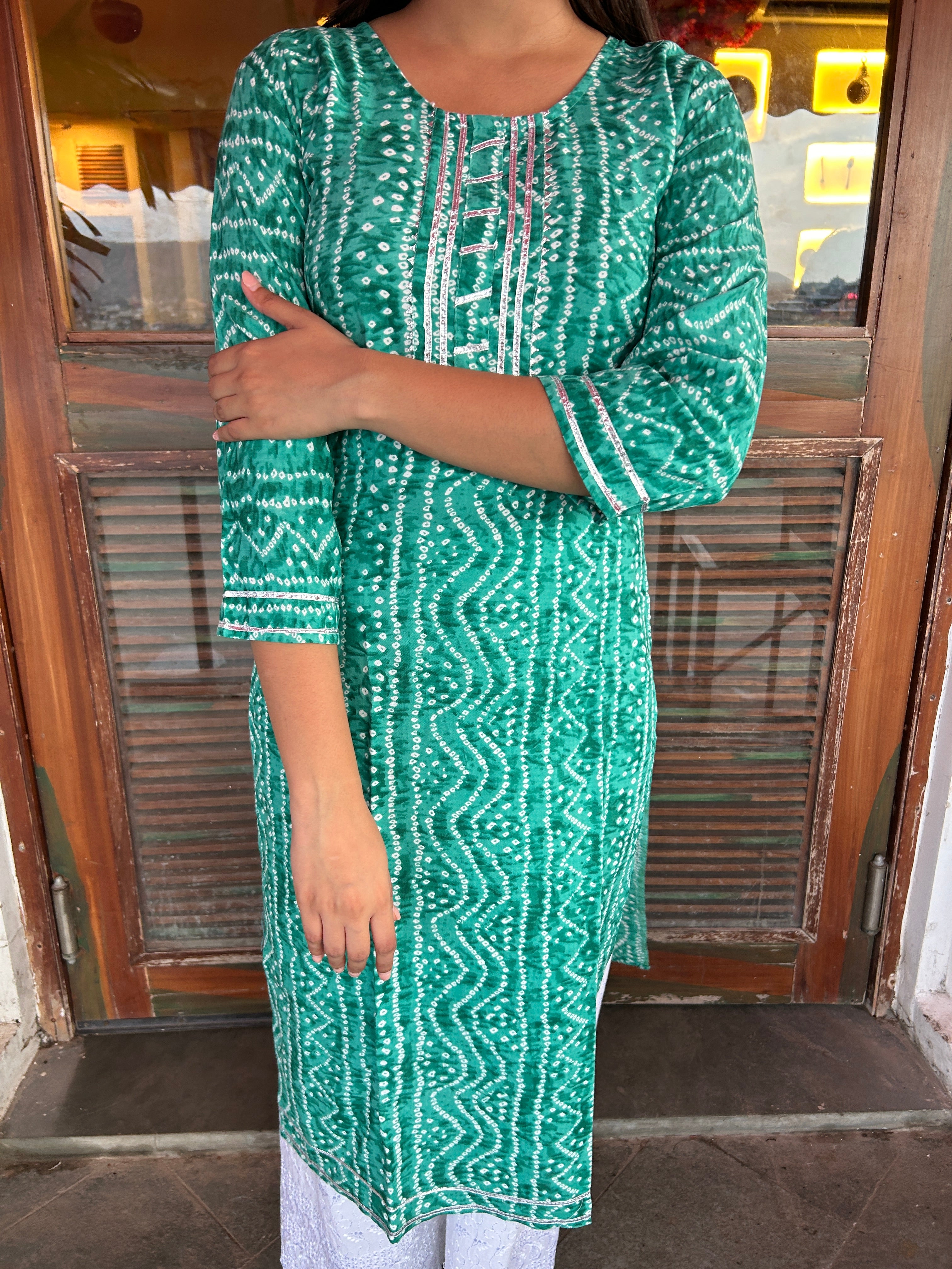 Light Green Bandhej Aaina Kurti